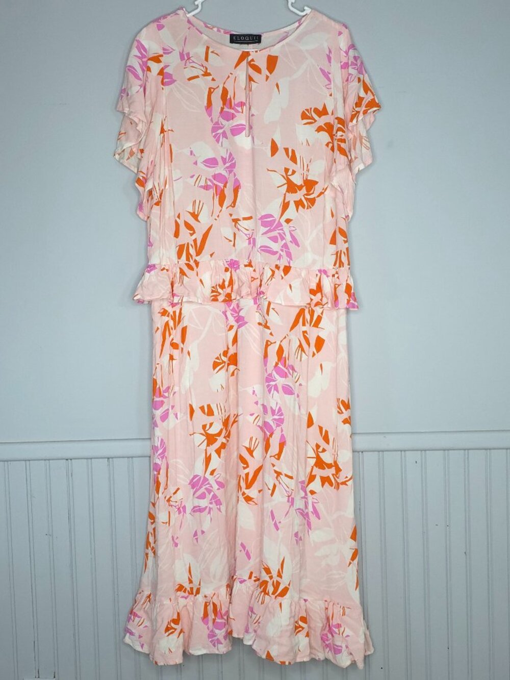 Eloquii Pink Tropical Floral Print Tiered Ruffled Maxi Dress Resort Coquette